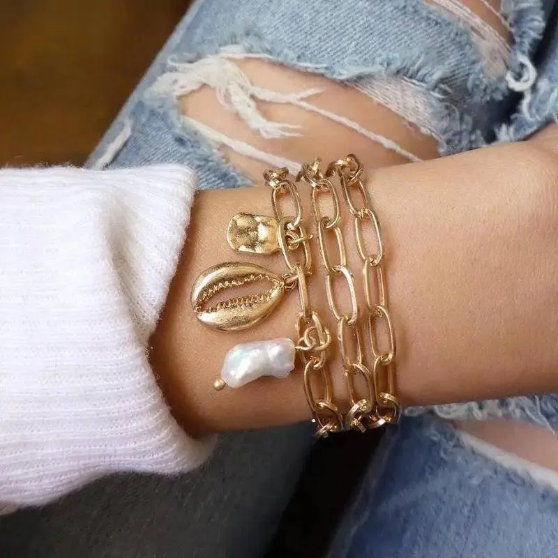 Luxruy Modern Bohemian Gold Color Moon Leaf Crystal Opal Open Bracelet Set for Women In Boho Beach Bangle Jewelry Style