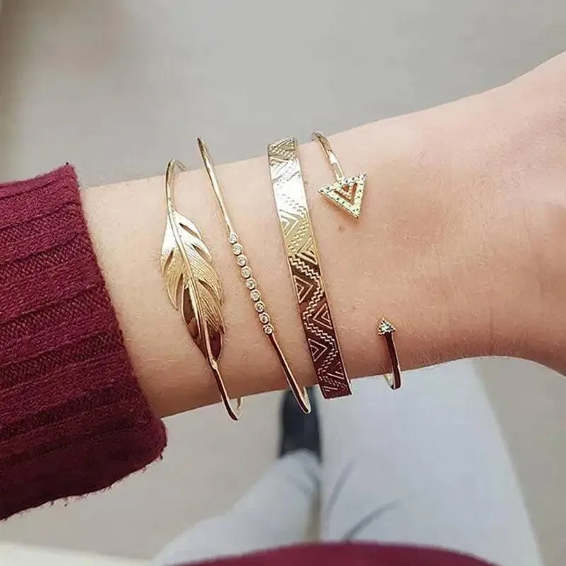 Luxruy Modern Bohemian Gold Color Moon Leaf Crystal Opal Open Bracelet Set for Women In Boho Beach Bangle Jewelry Style