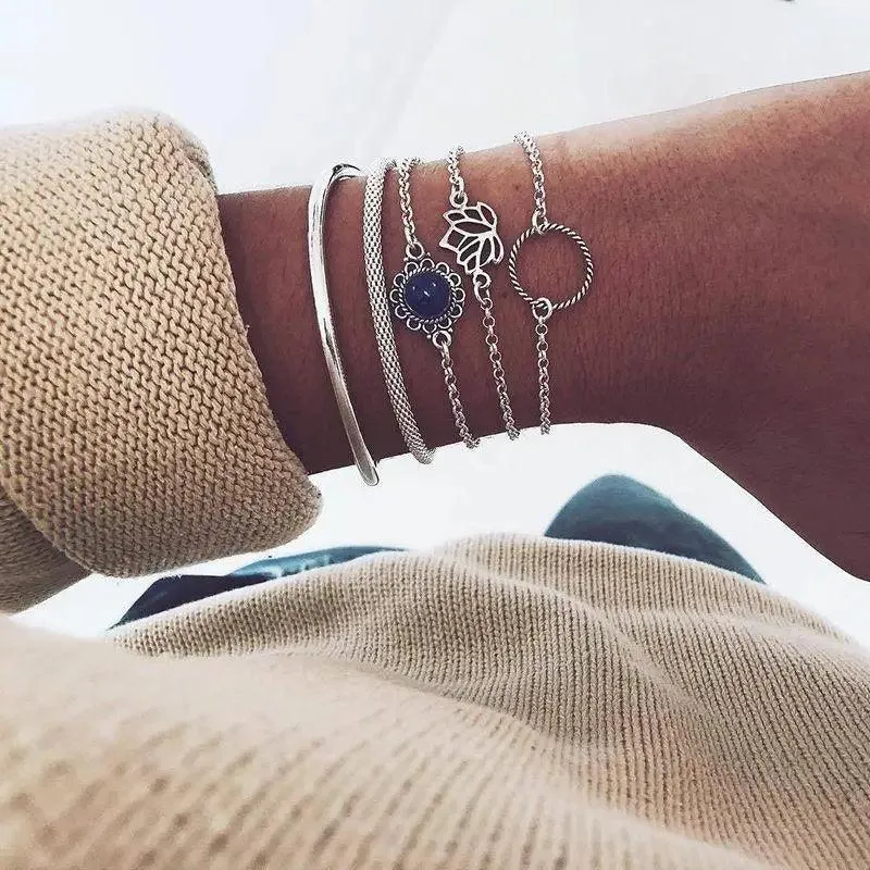 Luxruy Modern Bohemian Gold Color Moon Leaf Crystal Opal Open Bracelet Set for Women In Boho Beach Bangle Jewelry Style