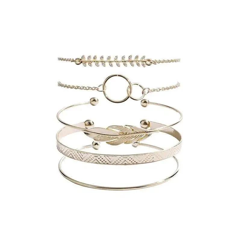 Luxruy Modern Bohemian Gold Color Moon Leaf Crystal Opal Open Bracelet Set for Women In Boho Beach Bangle Jewelry Style
