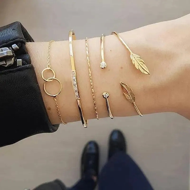 Luxruy Modern Bohemian Gold Color Moon Leaf Crystal Opal Open Bracelet Set for Women In Boho Beach Bangle Jewelry Style