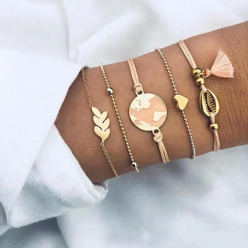 Luxruy Modern Bohemian Gold Color Moon Leaf Crystal Opal Open Bracelet Set for Women In Boho Beach Bangle Jewelry Style