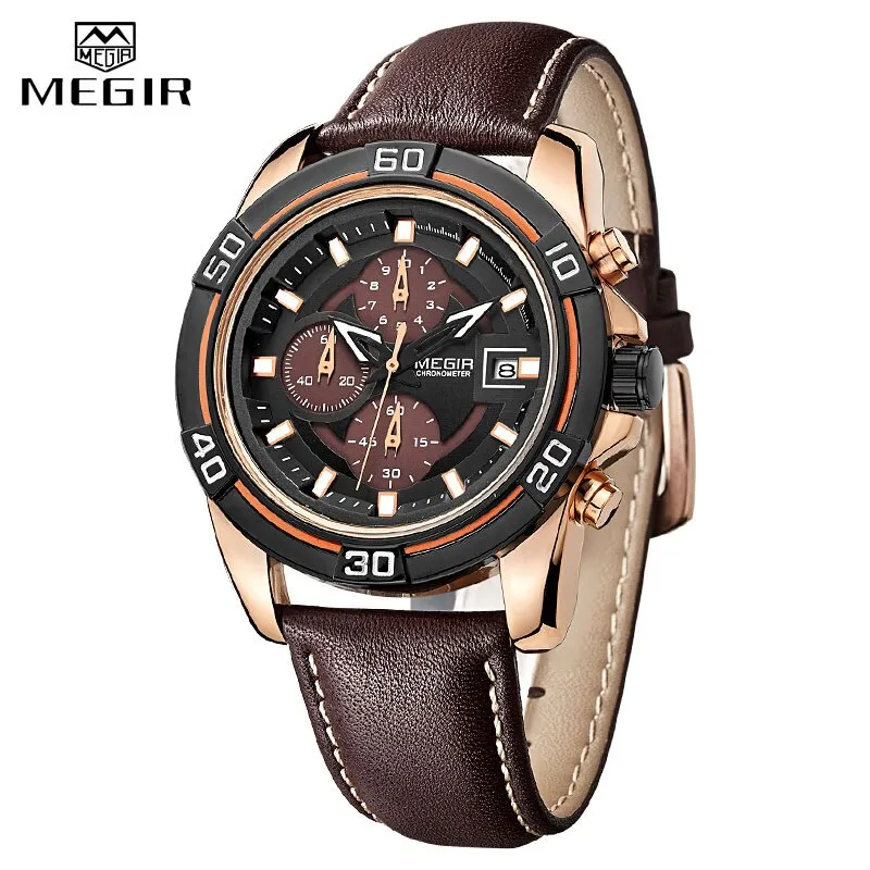 MEGIR Brand Watches Men Genuine Leather Watches Man Clock  Waterproof Business Watch Relogio Masculino Quartz Wristwatches 2023
