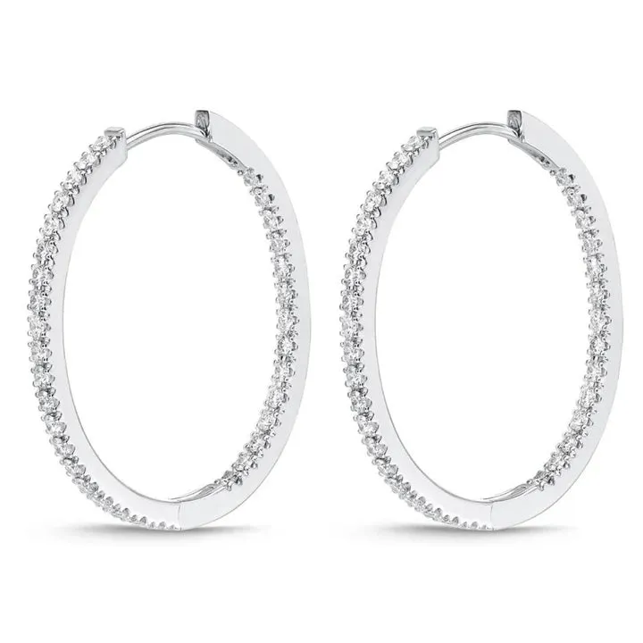 Memoire 18k White Gold Oval Diamond Hoop Earrings