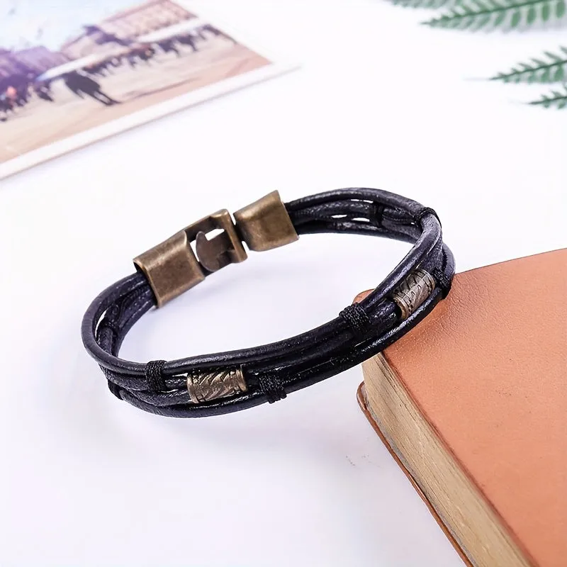 Men's Cowhide Alloy Buckle Bracelet Braided Interlocking Leather Bracelet