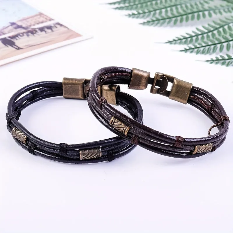 Men's Cowhide Alloy Buckle Bracelet Braided Interlocking Leather Bracelet