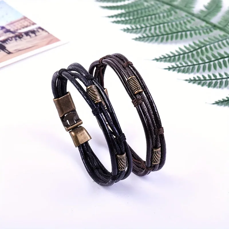 Men's Cowhide Alloy Buckle Bracelet Braided Interlocking Leather Bracelet
