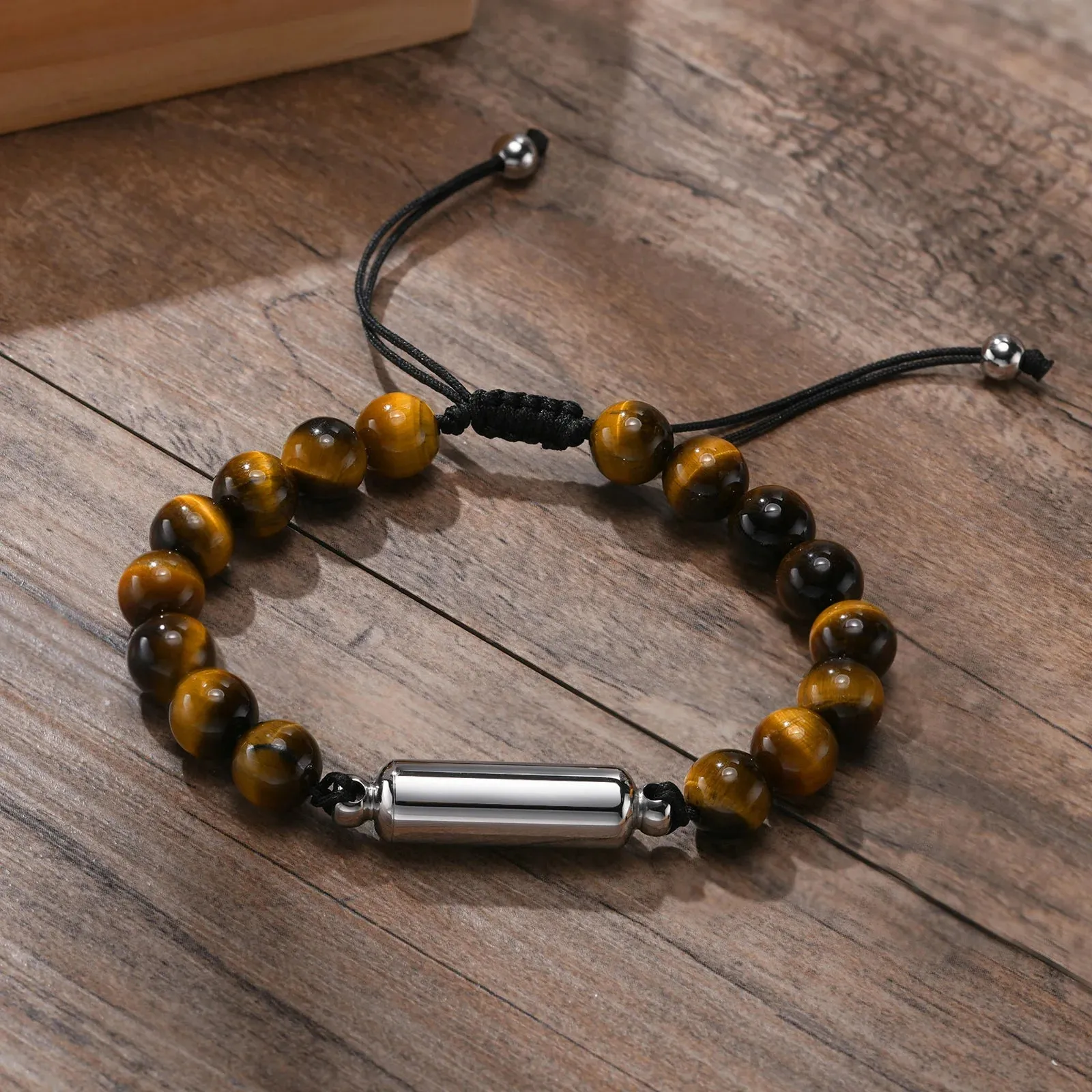 Men's Cremation Urn Bracelets, 8MM Simulated Pearl Tiger Eye Beads Chain Wristband