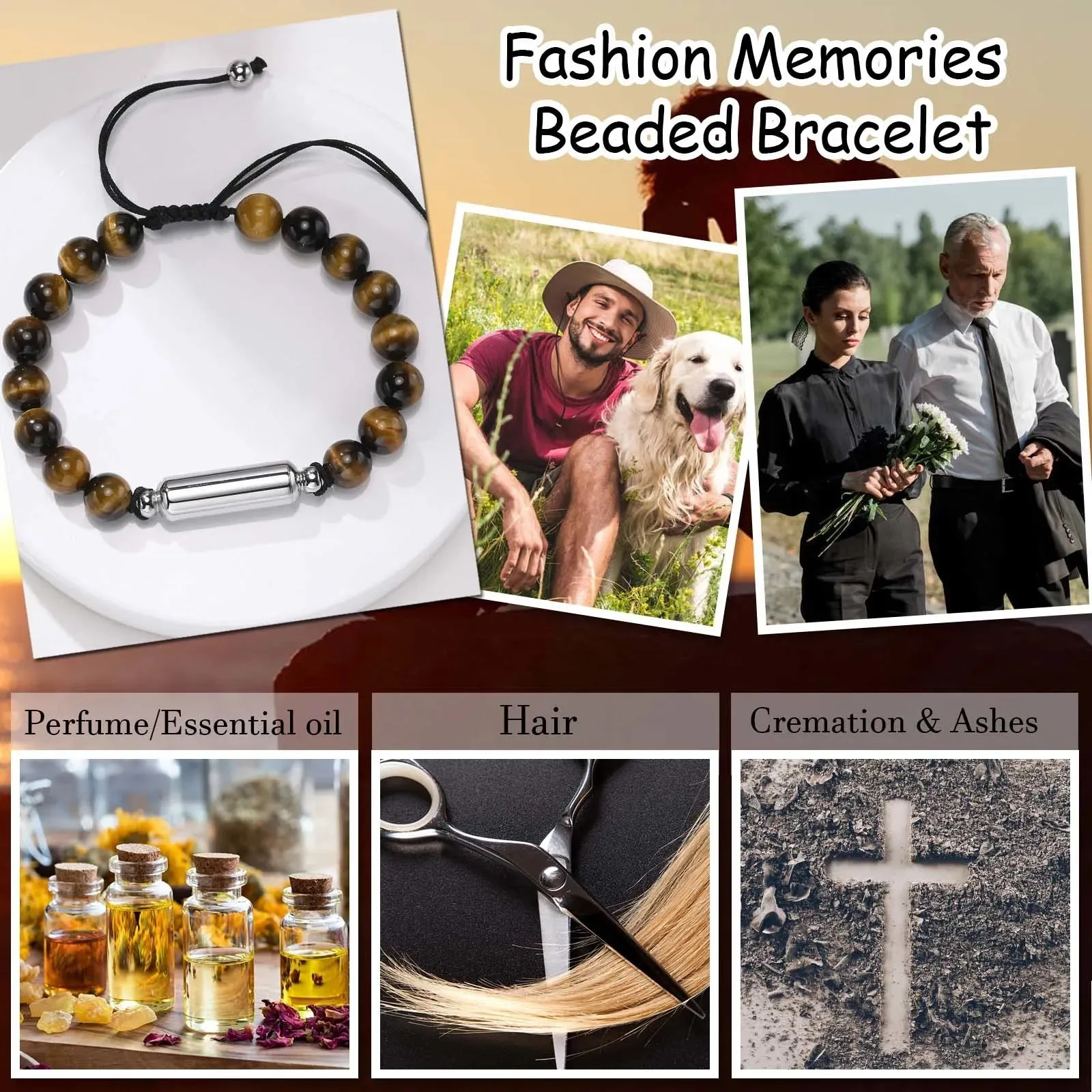 Men's Cremation Urn Bracelets, 8MM Simulated Pearl Tiger Eye Beads Chain Wristband