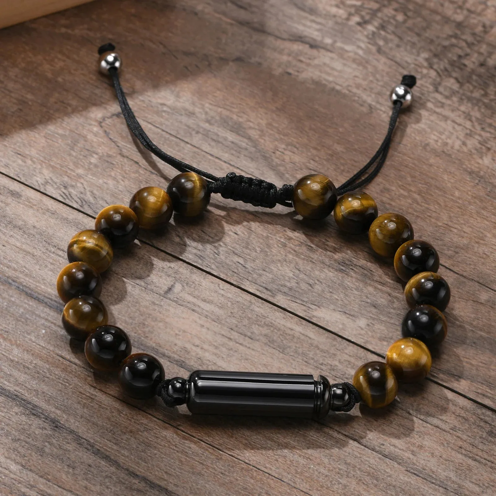 Men's Cremation Urn Bracelets, 8MM Simulated Pearl Tiger Eye Beads Chain Wristband