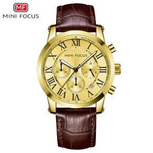 Mini Focus Brown Leather Strap Gold Dial Chronograph Quartz Watch for Gents - MF0415G-02