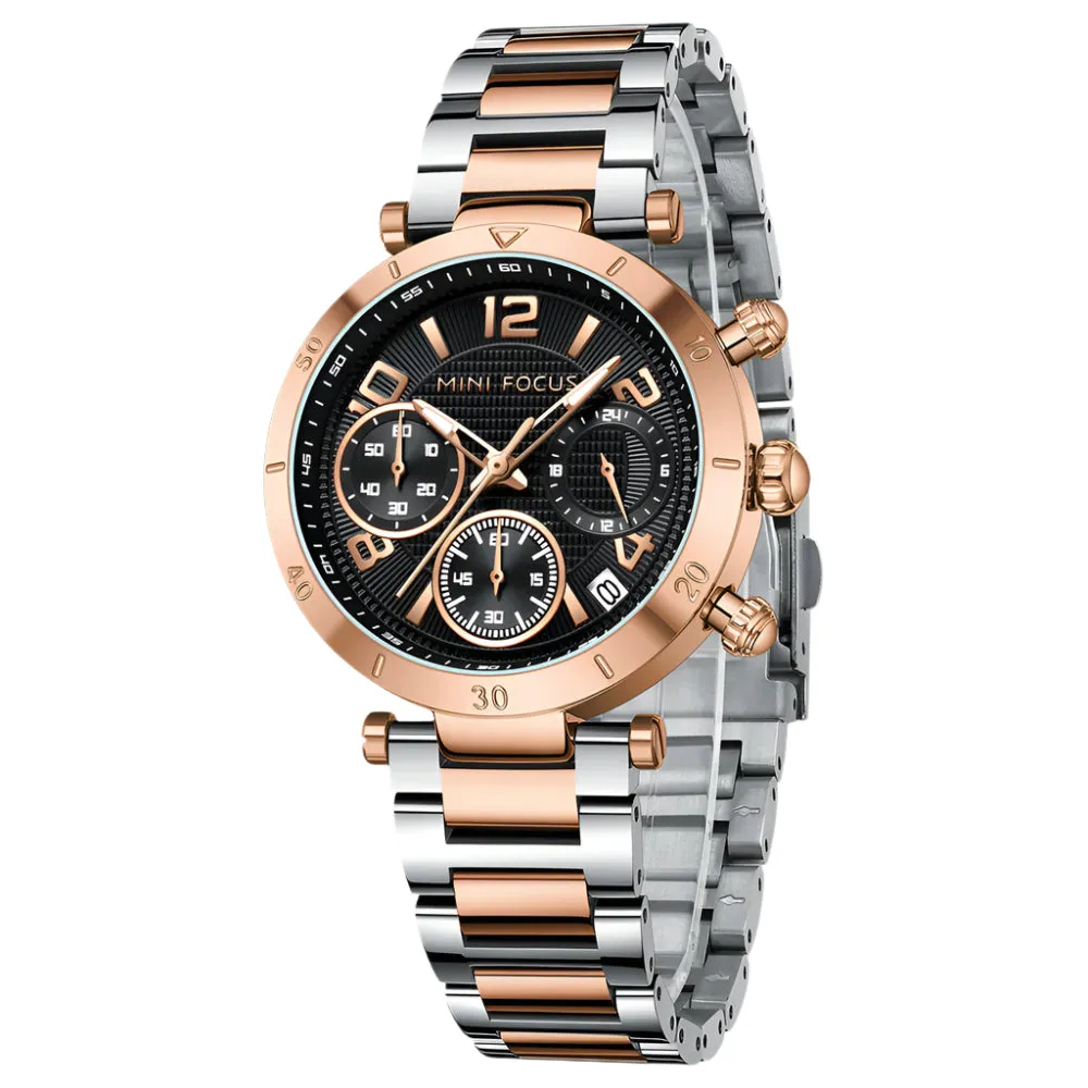 Mini Focus Two Tone Stainless Steel Black Dial Quartz Watch for Ladies - MF0489L-04