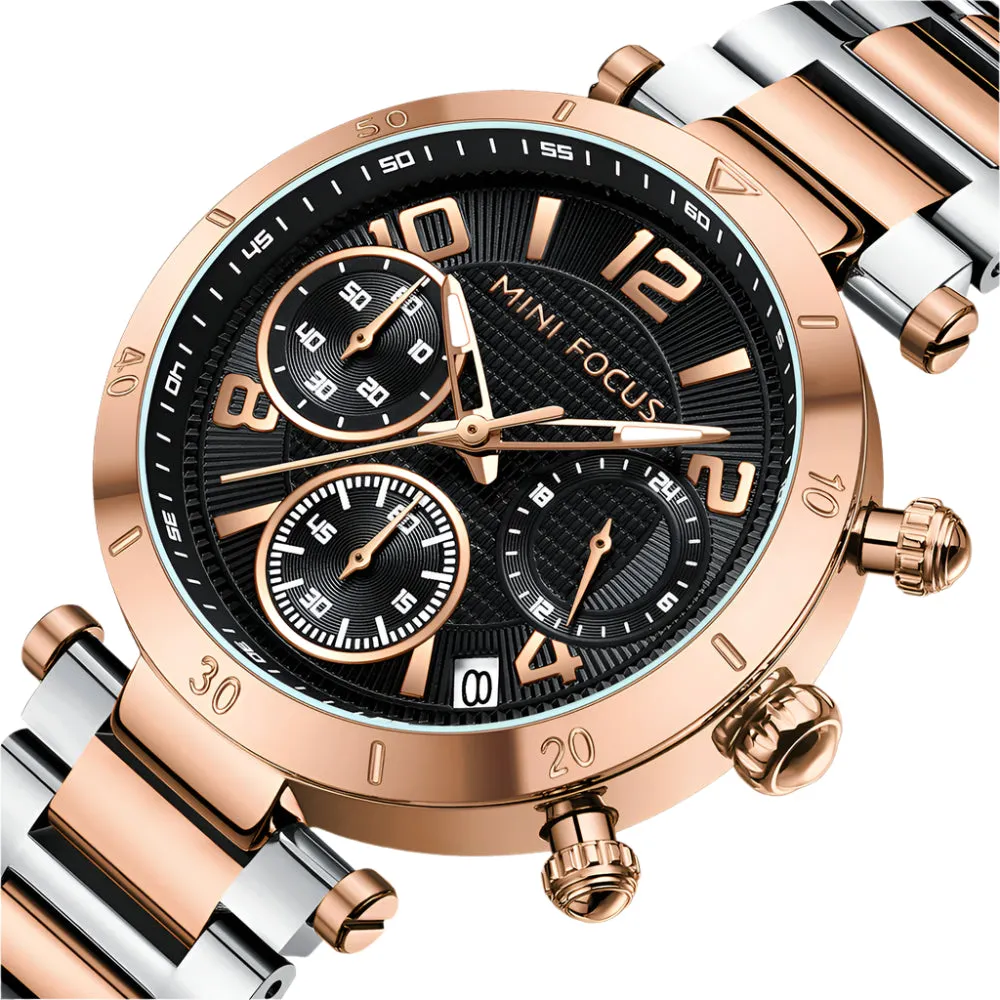 Mini Focus Two Tone Stainless Steel Black Dial Quartz Watch for Ladies - MF0489L-04