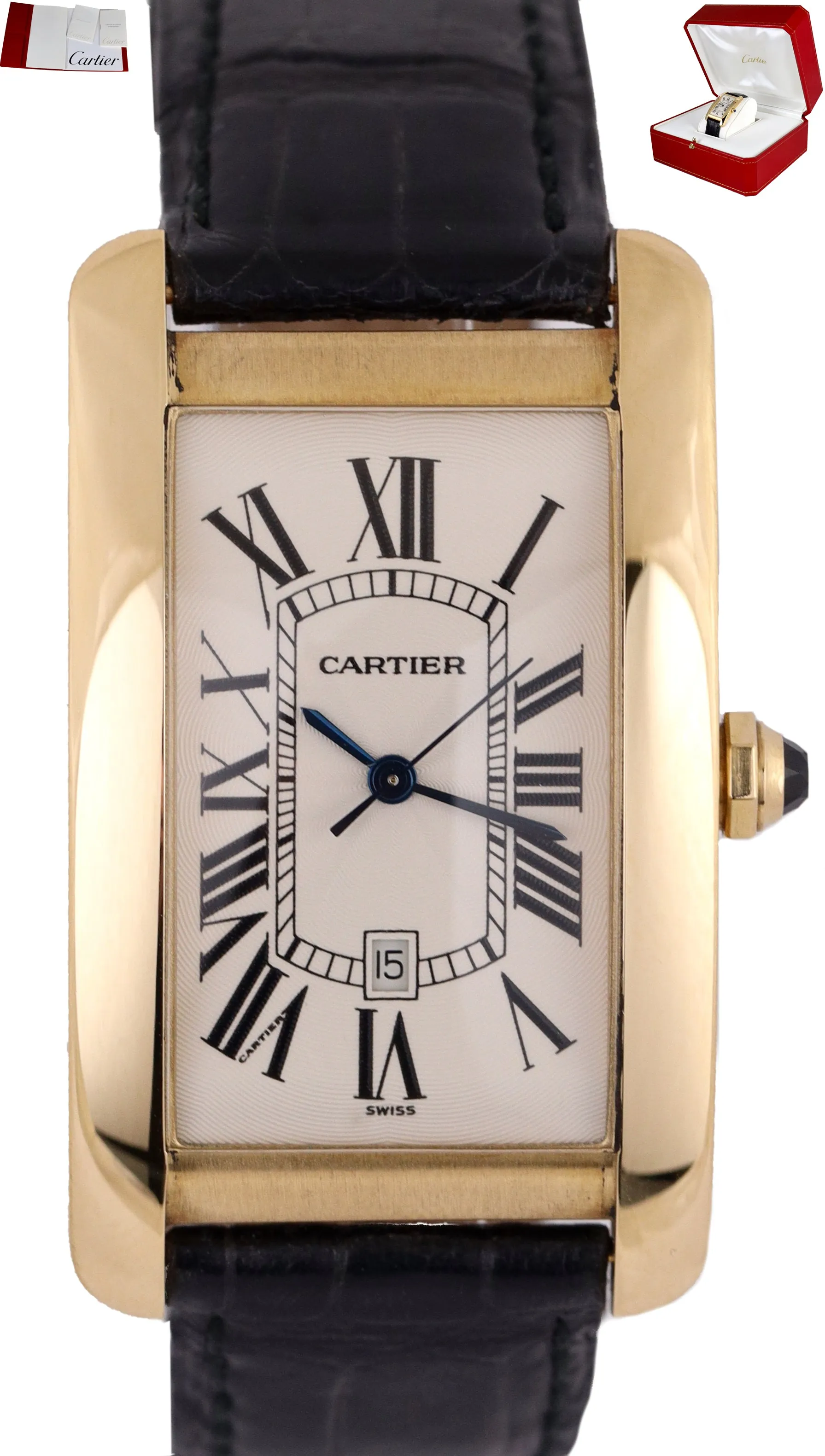 MINT 2001 Cartier Tank Americaine 1740 18K Yellow Gold Auto 46mm White W2603156