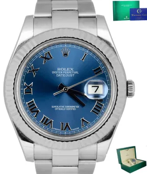 Mint 2017 Rolex Datejust II 41MM Blue Azurro 116334 Roman 18K White Gold Fluted