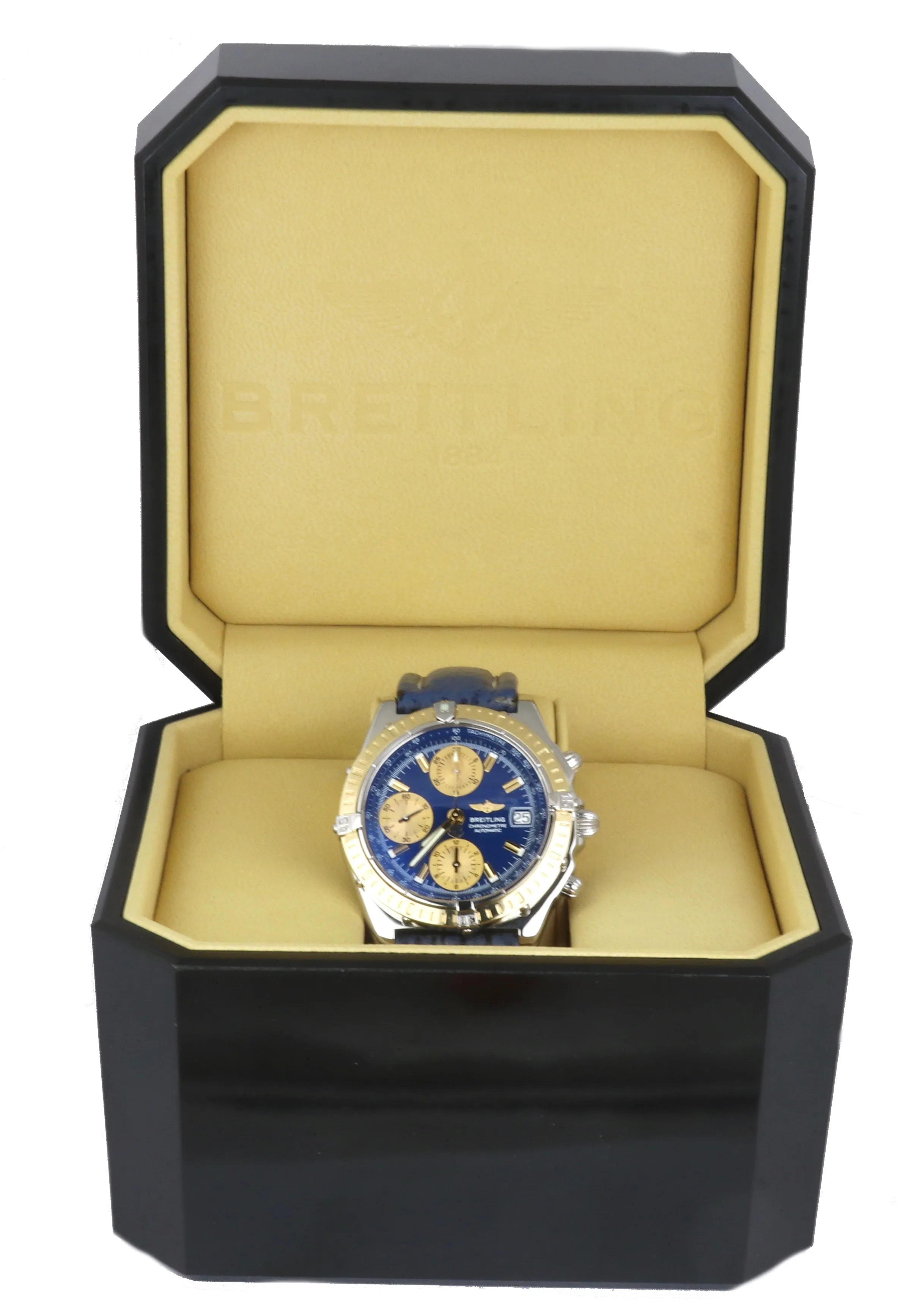MINT Breitling Chronomat Chronograph Two-Tone 18K Gold D13352 39mm Blue Watch