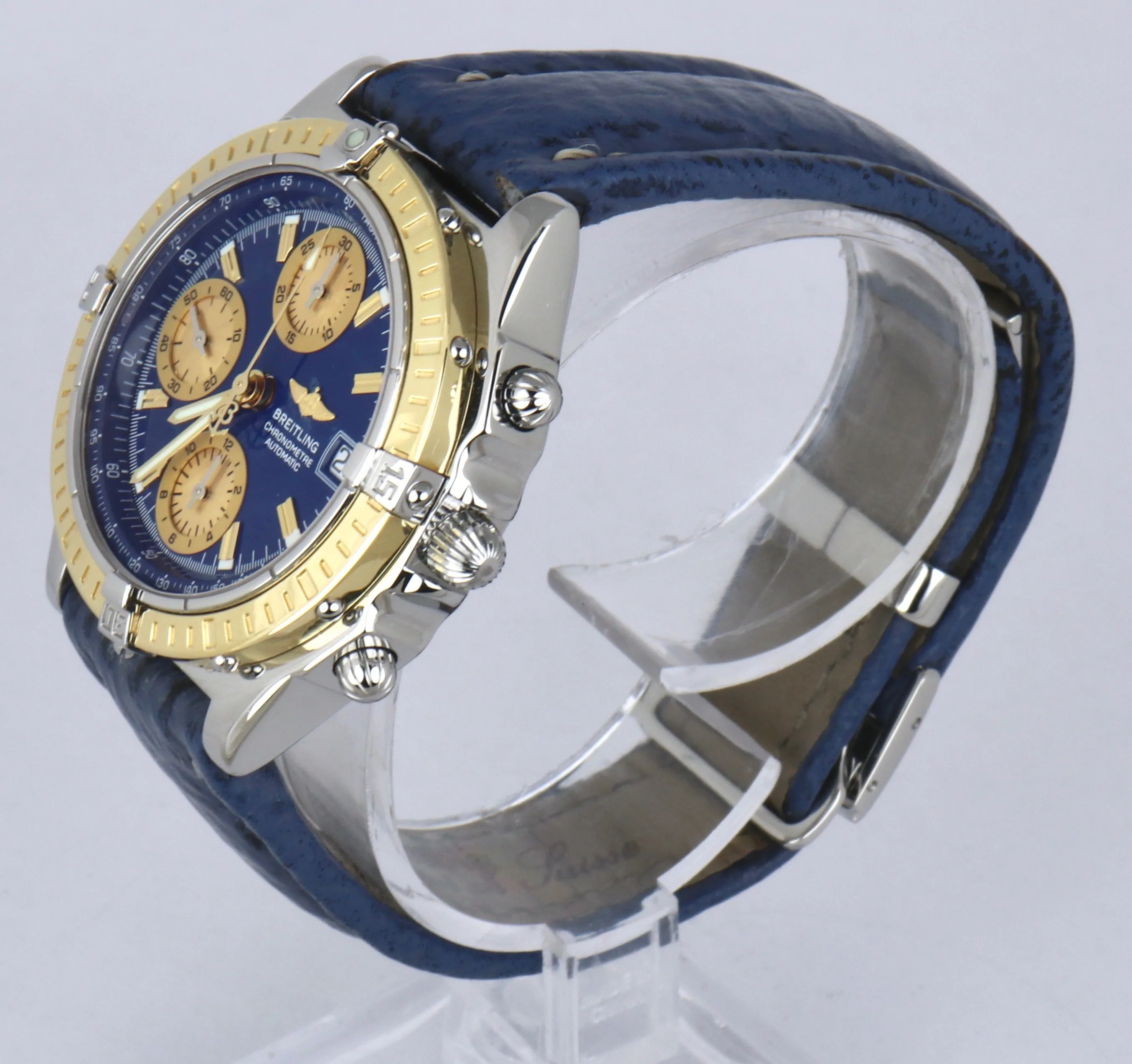 MINT Breitling Chronomat Chronograph Two-Tone 18K Gold D13352 39mm Blue Watch