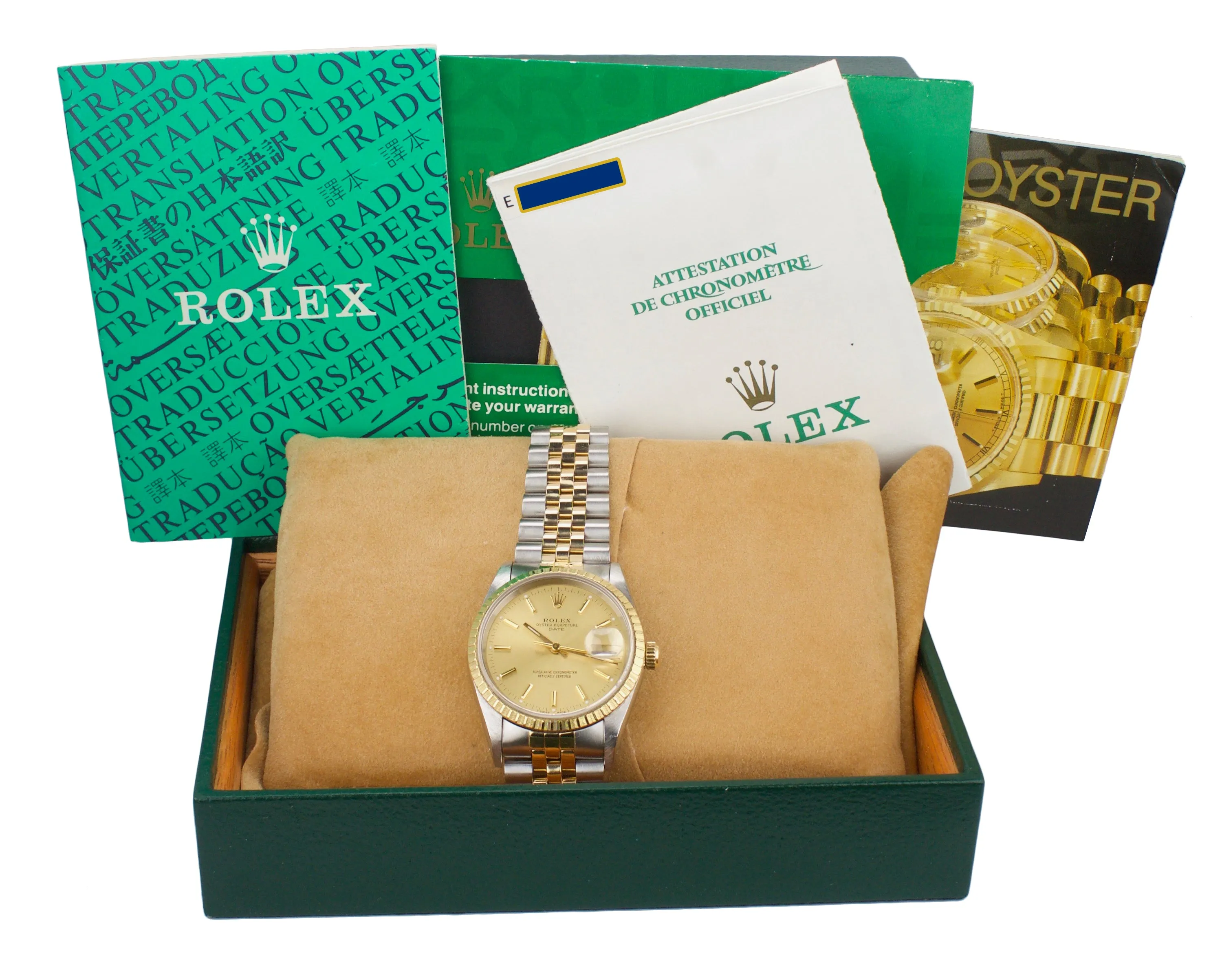 MINT Rolex Date 15223 34mm Champagne 18K Two Tone Gold Jubilee Watch DateJust