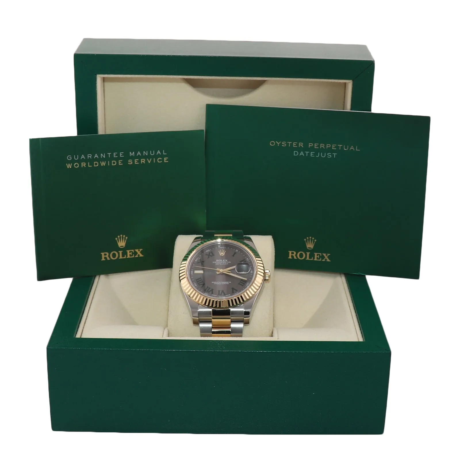 MINT Rolex Datejust 2 Wimbledon Slate Roman116333 Two-Tone Gold Watch Box