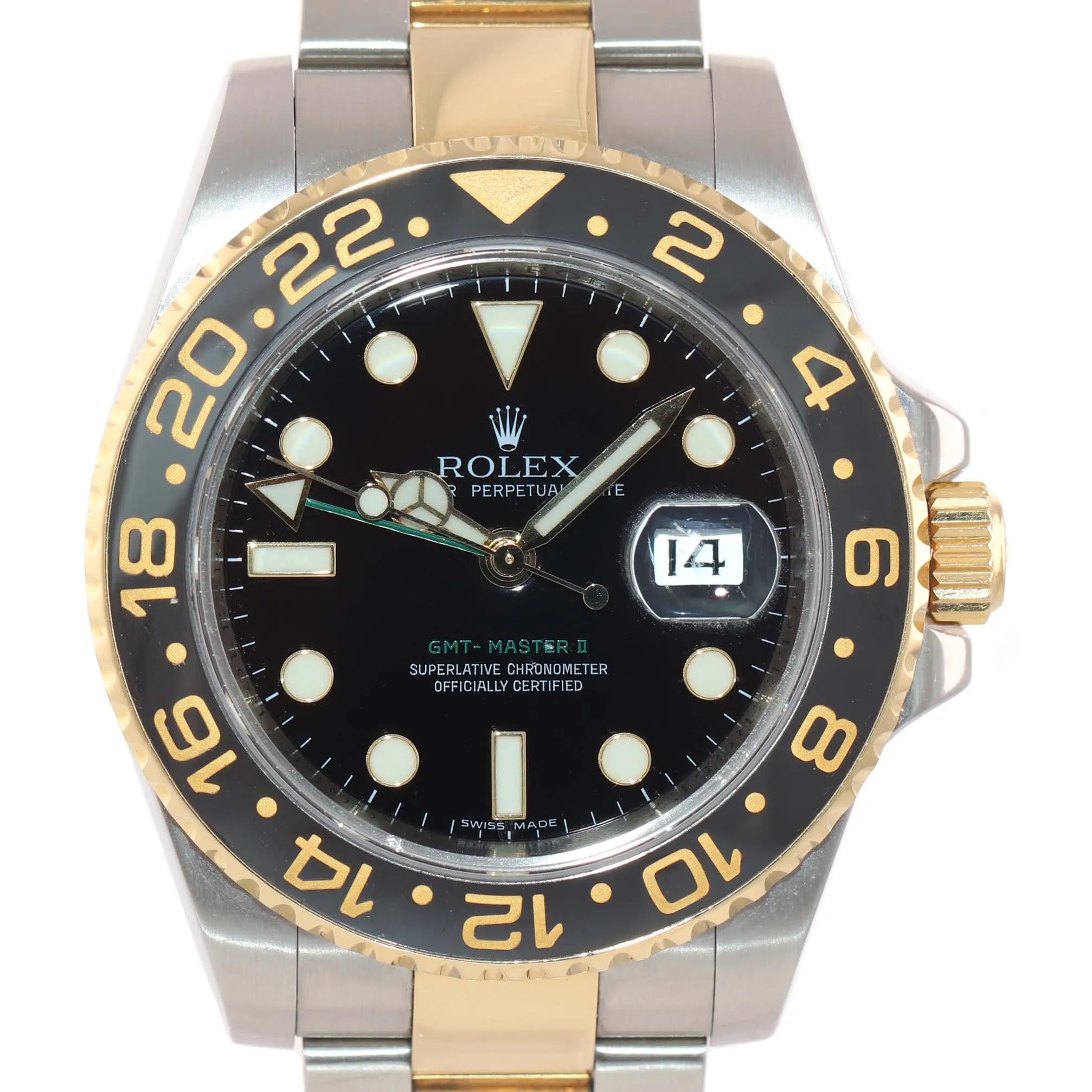 MINT Rolex GMT-Master 2 Ceramic 116713 Black Green Two Tone Steel Gold Watch Box