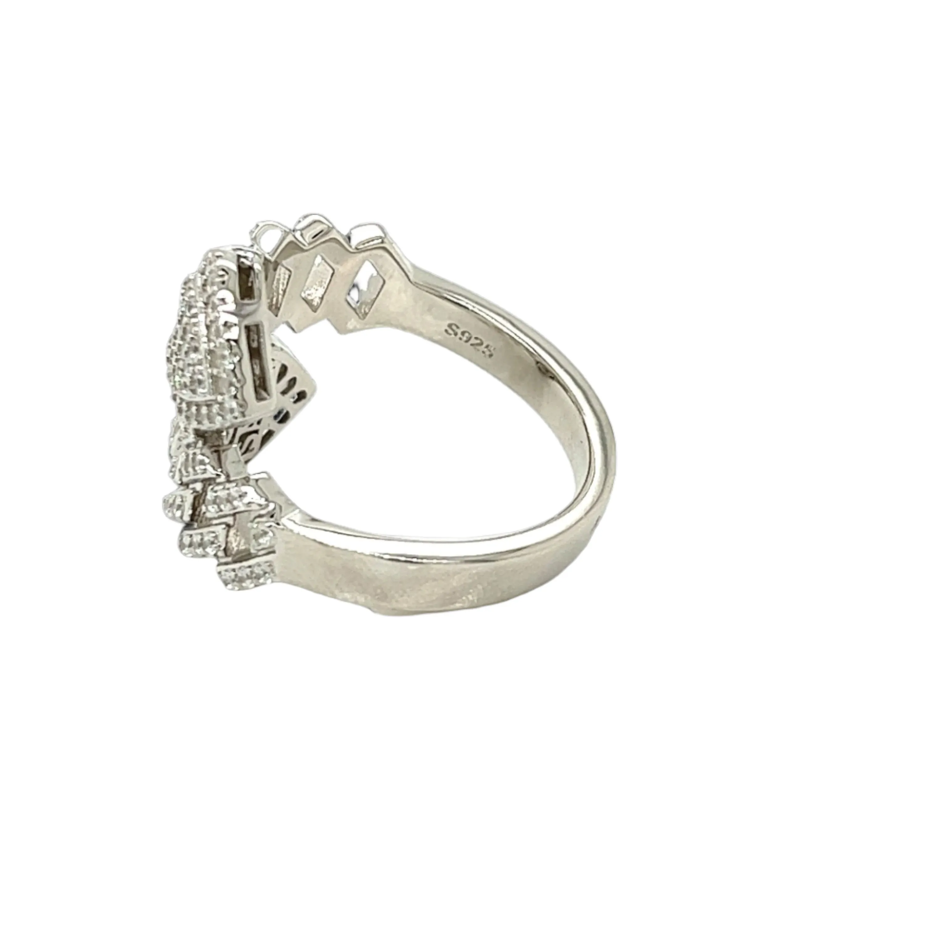 Modern Sterling Silver Open Band Ring with Pavé Cubic Zirconia Heart Cuban Link - C122309