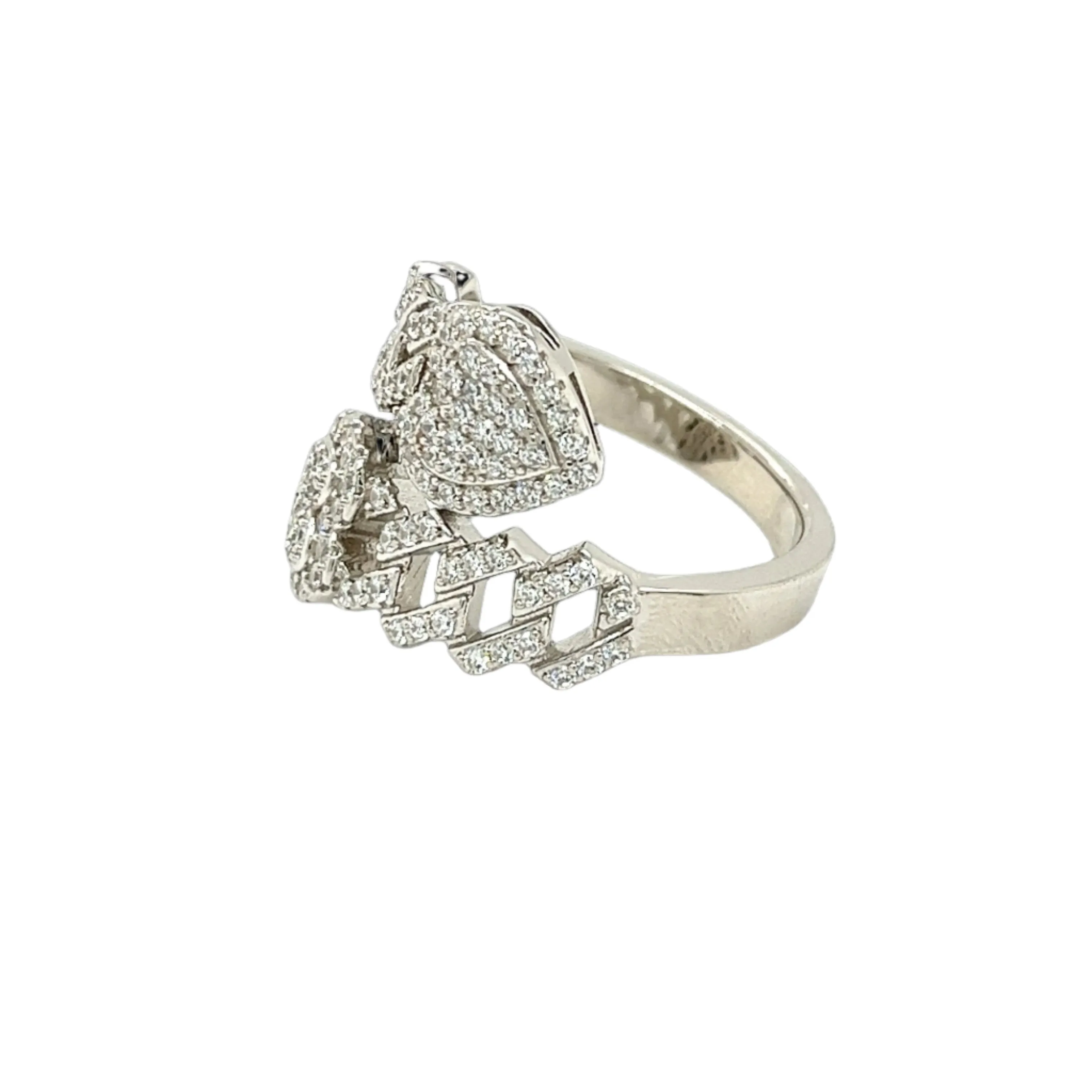 Modern Sterling Silver Open Band Ring with Pavé Cubic Zirconia Heart Cuban Link - C122309