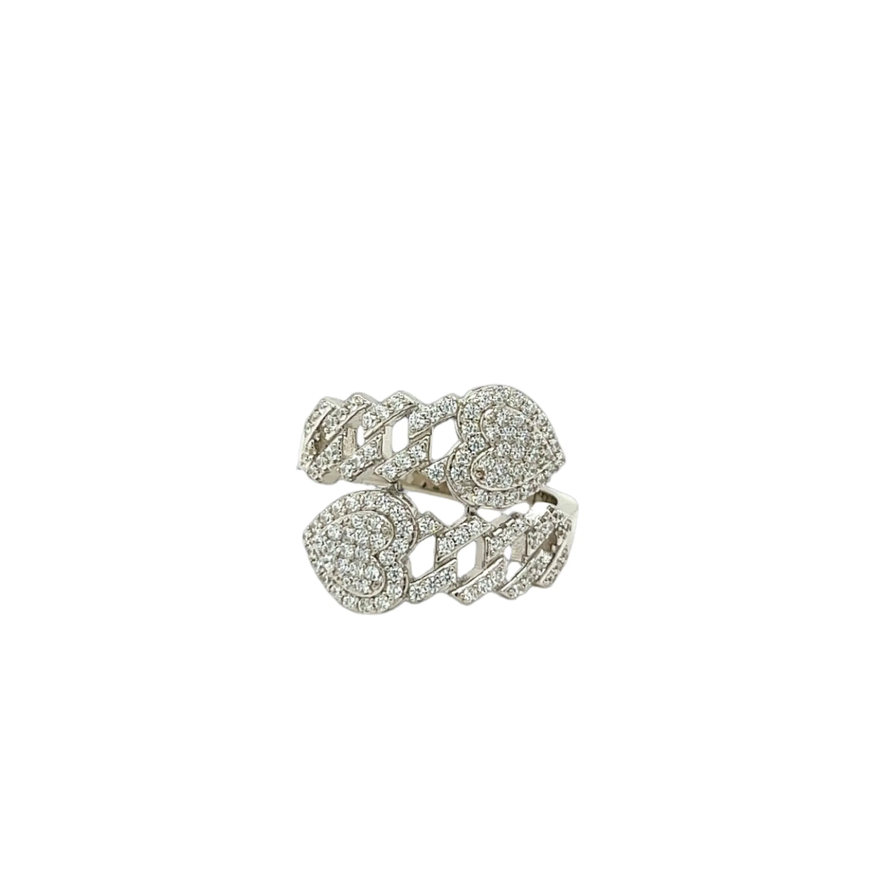 Modern Sterling Silver Open Band Ring with Pavé Cubic Zirconia Heart Cuban Link - C122309