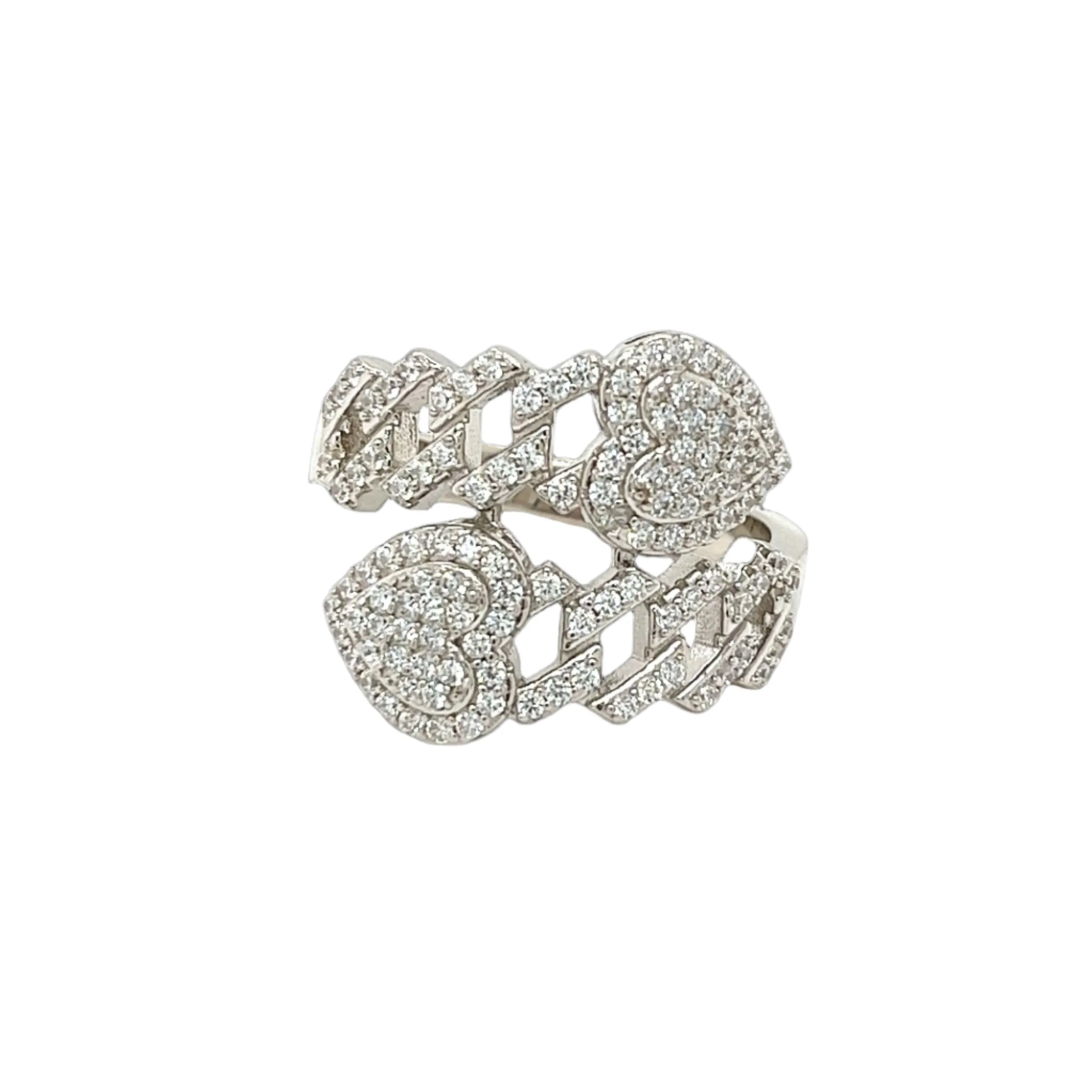 Modern Sterling Silver Open Band Ring with Pavé Cubic Zirconia Heart Cuban Link - C122309