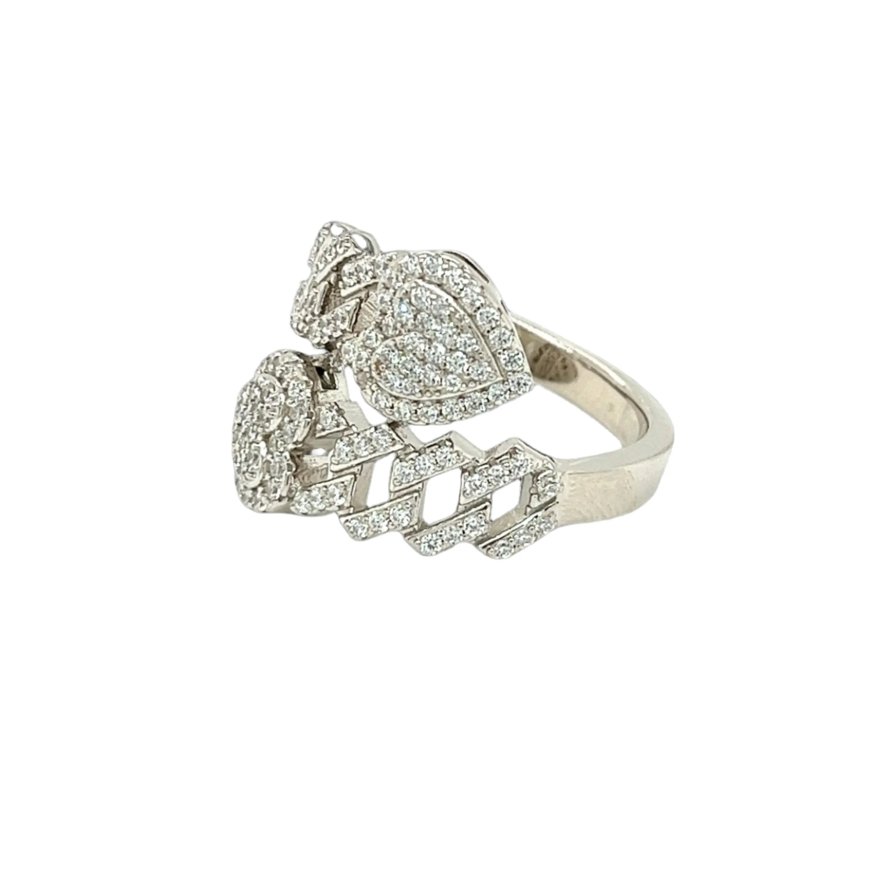 Modern Sterling Silver Open Band Ring with Pavé Cubic Zirconia Heart Cuban Link - C122309