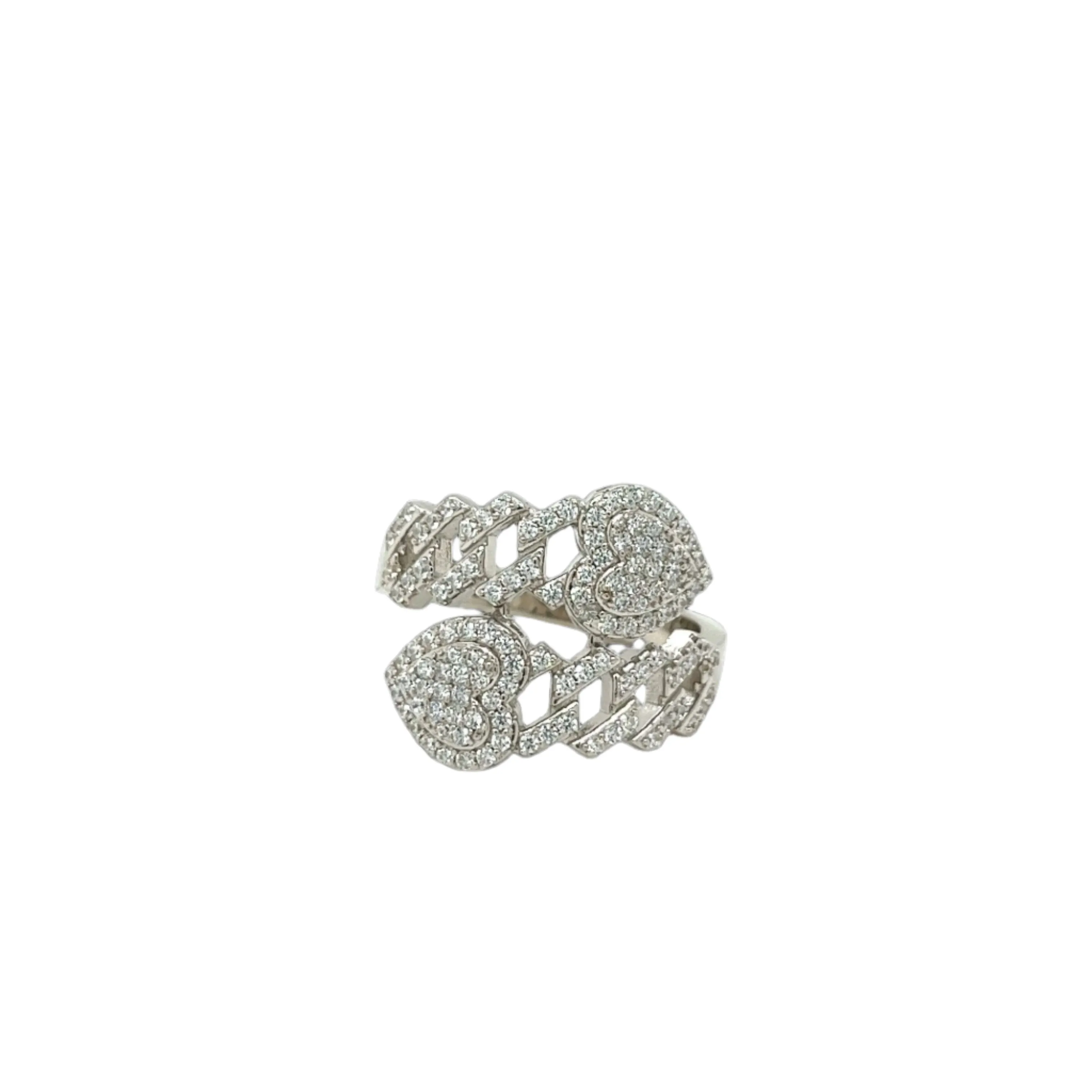 Modern Sterling Silver Open Band Ring with Pavé Cubic Zirconia Heart Cuban Link - C122309