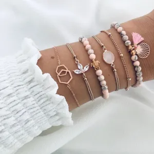 Modyle 6 Pcs/Set Bohemian Tassel Beads Charm Bracelets Set For Women Girls Fashion Pineapple Heart Geometric Bracelet Jewelry