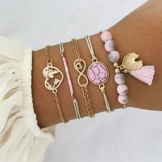 Modyle 6 Pcs/Set Bohemian Tassel Beads Charm Bracelets Set For Women Girls Fashion Pineapple Heart Geometric Bracelet Jewelry