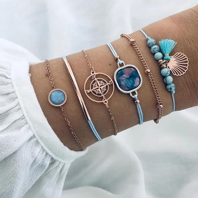 Modyle 6 Pcs/Set Bohemian Tassel Beads Charm Bracelets Set For Women Girls Fashion Pineapple Heart Geometric Bracelet Jewelry