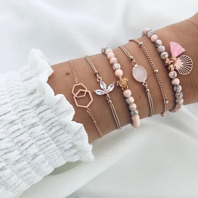 Modyle 6 Pcs/Set Bohemian Tassel Beads Charm Bracelets Set For Women Girls Fashion Pineapple Heart Geometric Bracelet Jewelry