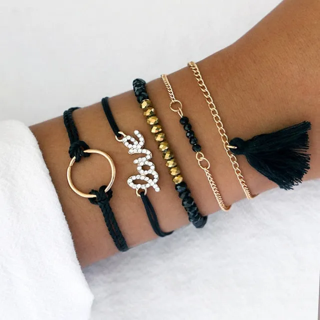 Modyle 6 Pcs/Set Bohemian Tassel Beads Charm Bracelets Set For Women Girls Fashion Pineapple Heart Geometric Bracelet Jewelry