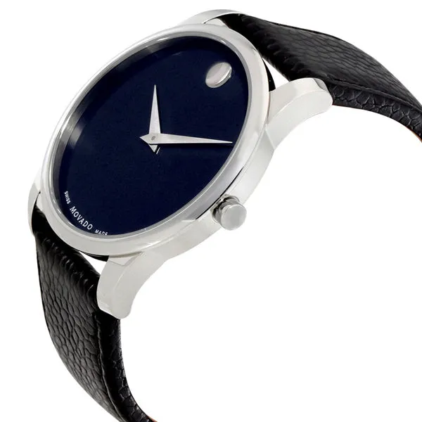 Movado Museum Black Leather Blue Dial Quartz Watch for Gents - 607013