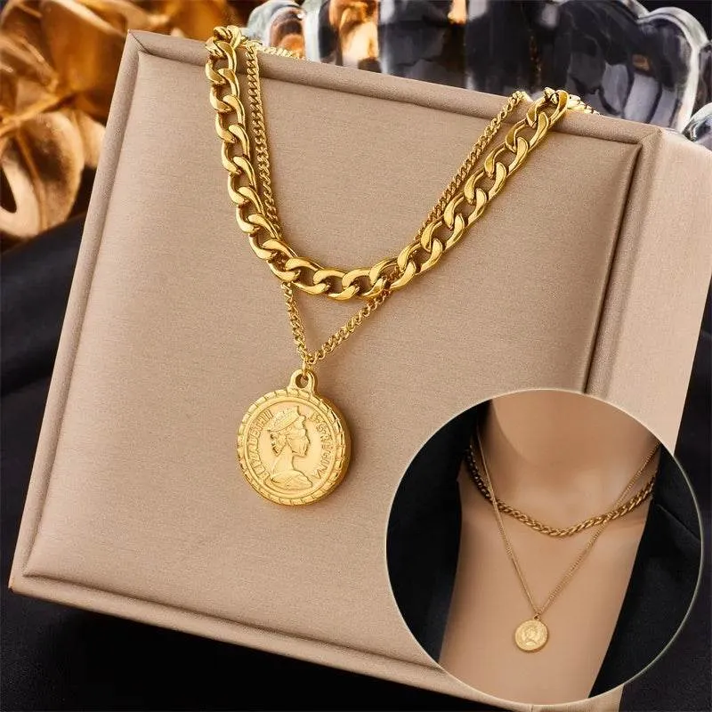 Multilayer Portrait Coin Pendant Necklace