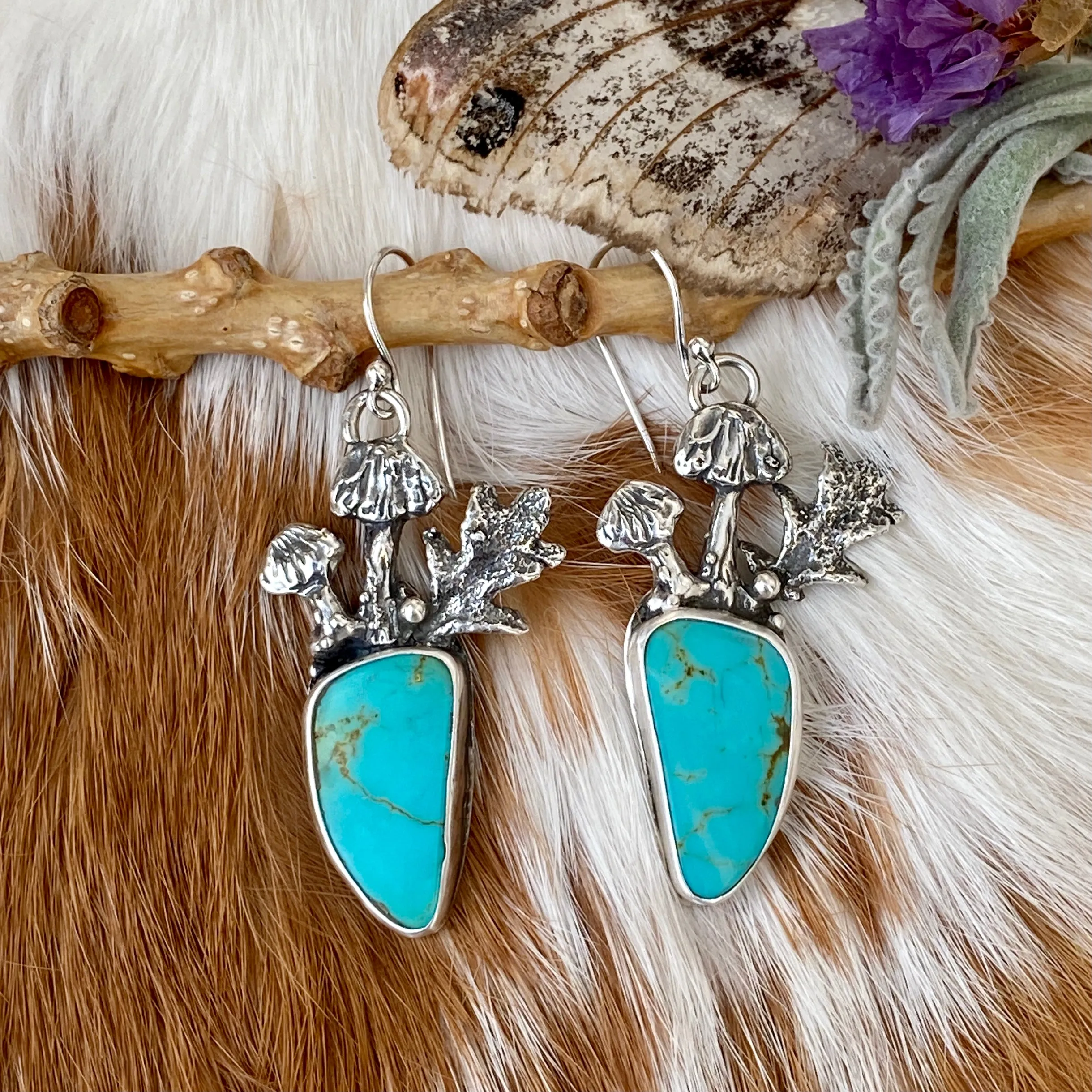 Mushroom drops with Kingman Turquoise hand cast Sterling Silver Earrings