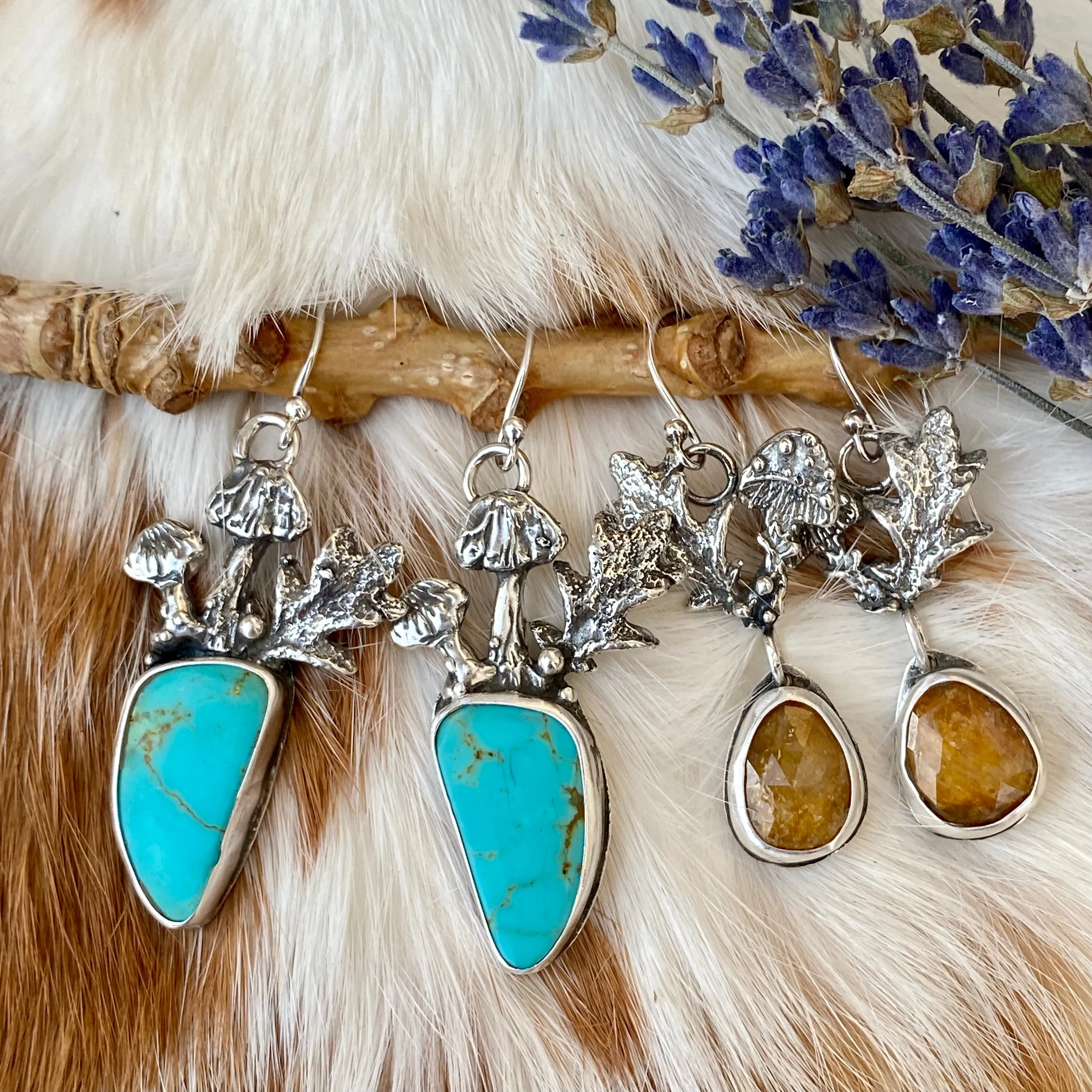 Mushroom drops with Kingman Turquoise hand cast Sterling Silver Earrings