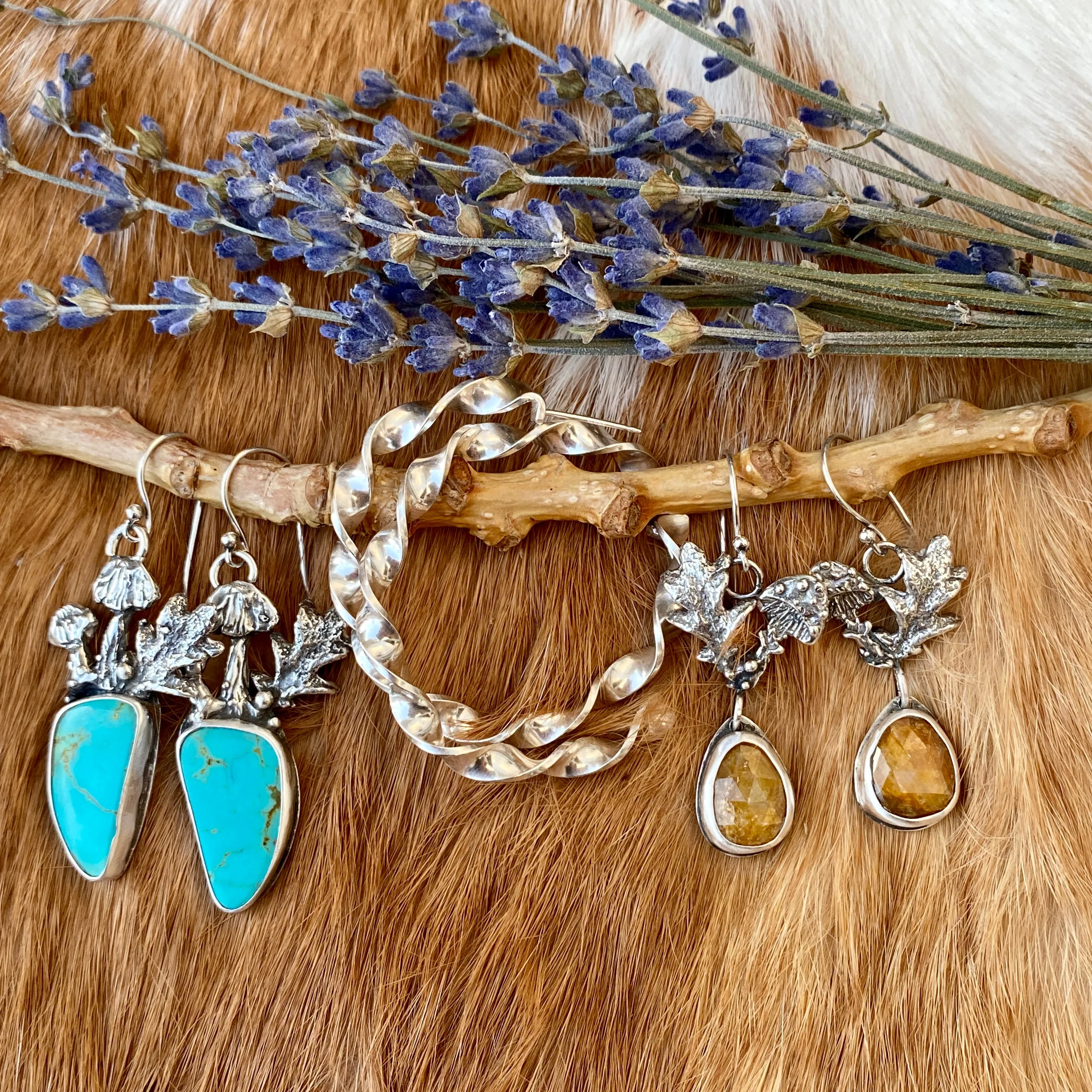 Mushroom drops with Kingman Turquoise hand cast Sterling Silver Earrings