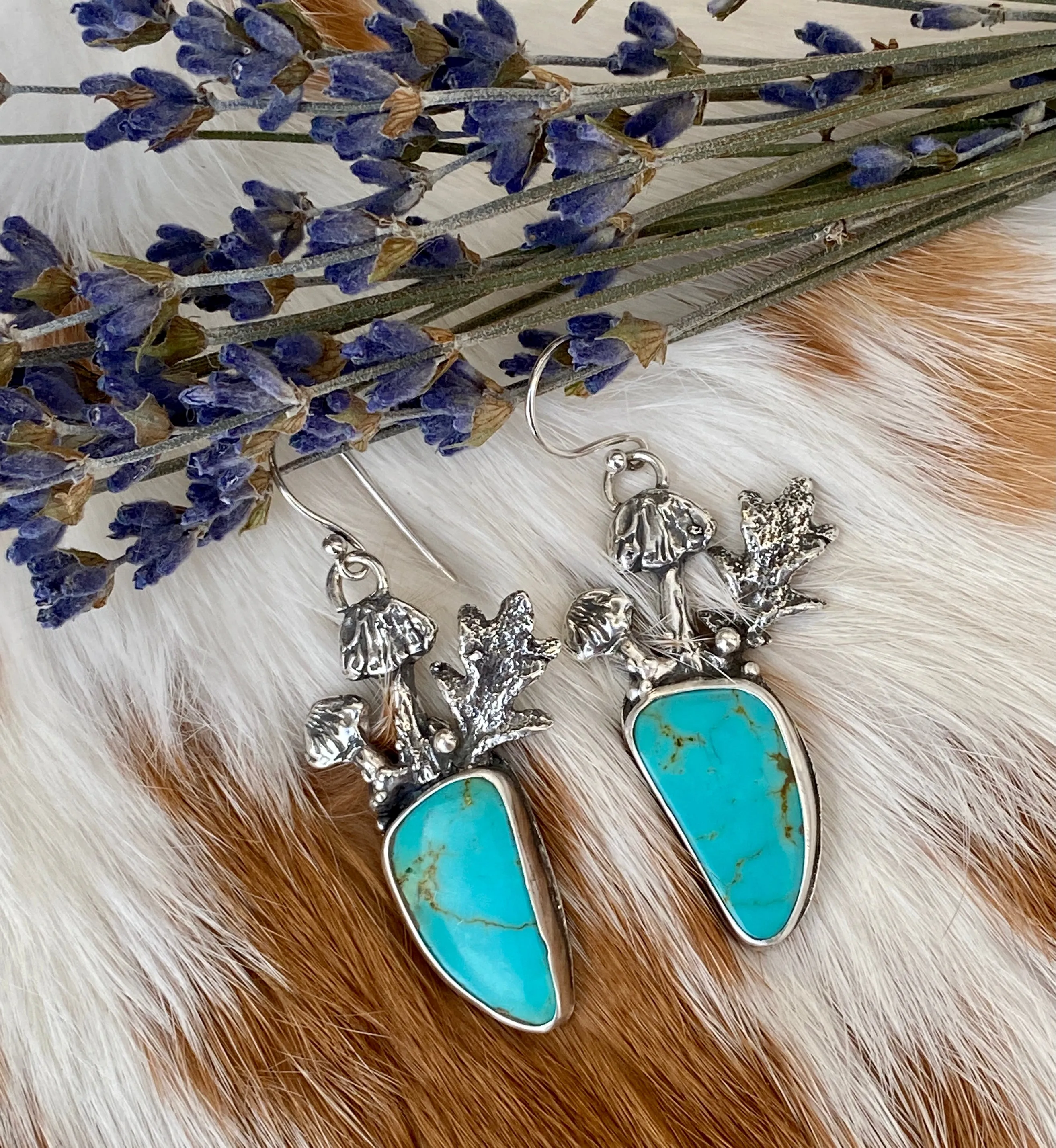Mushroom drops with Kingman Turquoise hand cast Sterling Silver Earrings