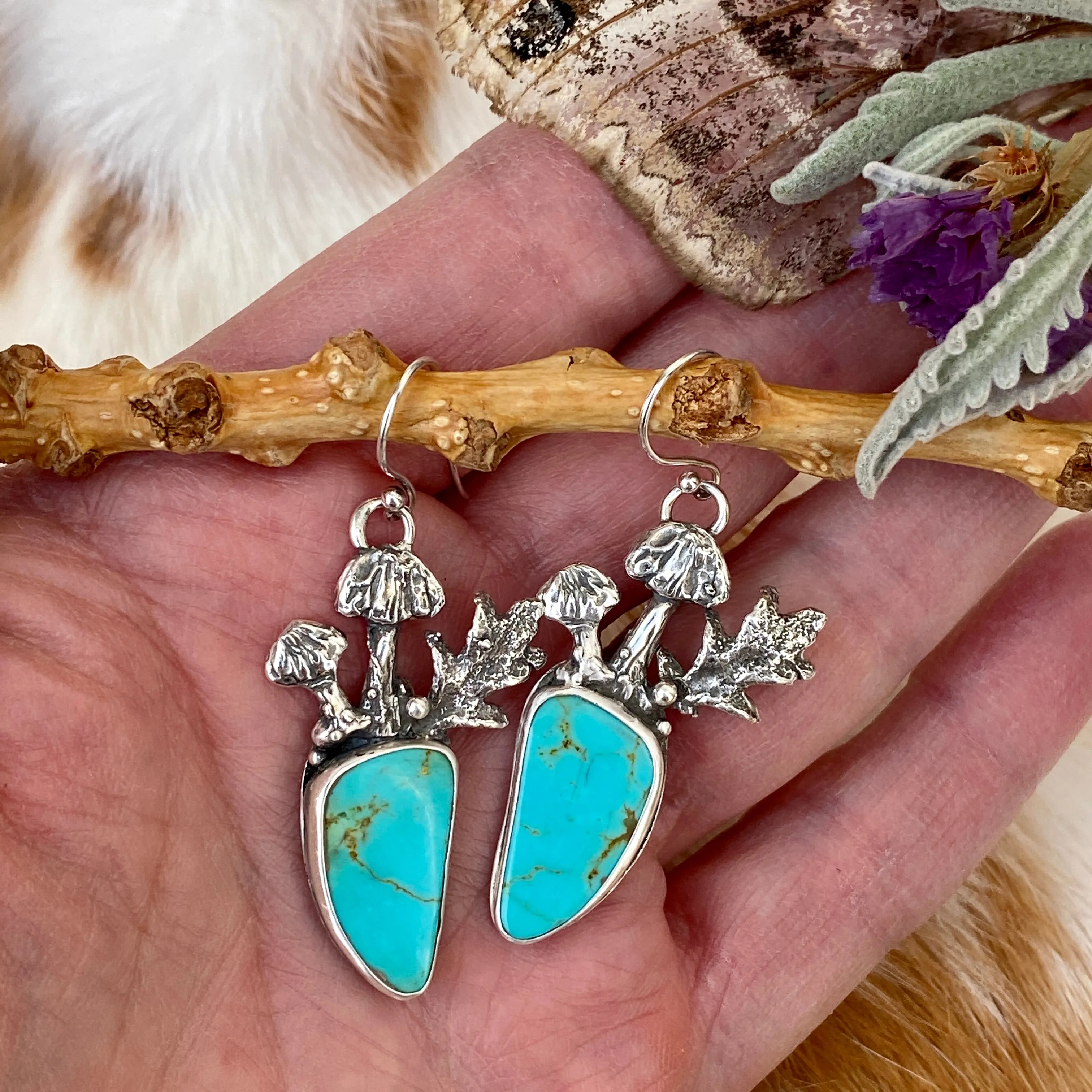Mushroom drops with Kingman Turquoise hand cast Sterling Silver Earrings