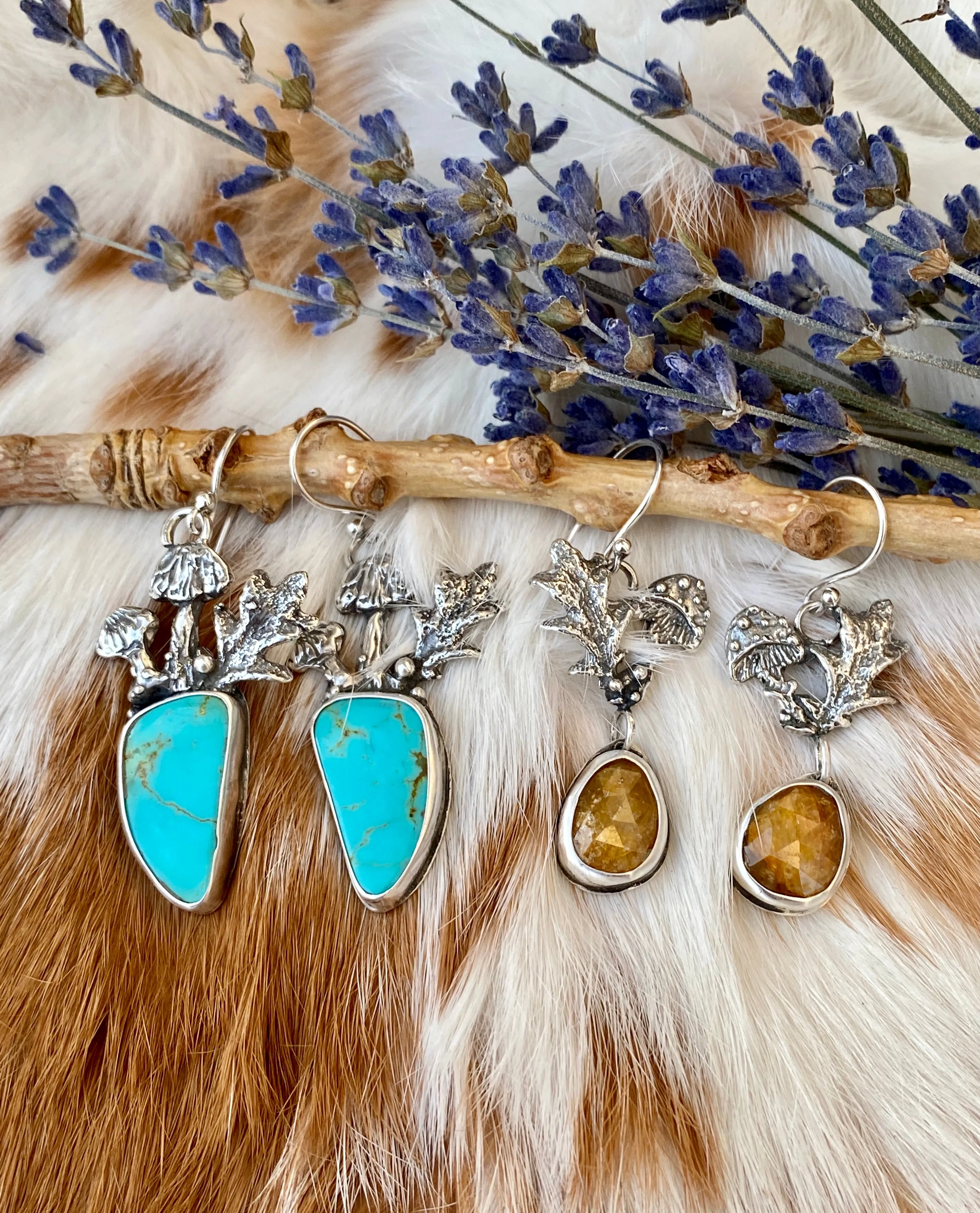 Mushroom drops with Kingman Turquoise hand cast Sterling Silver Earrings