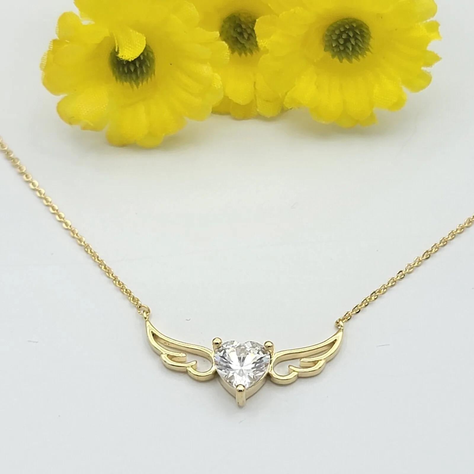 Necklaces - 14K Gold Plated. Crystal Heart W Angel Wings- Protection Necklace