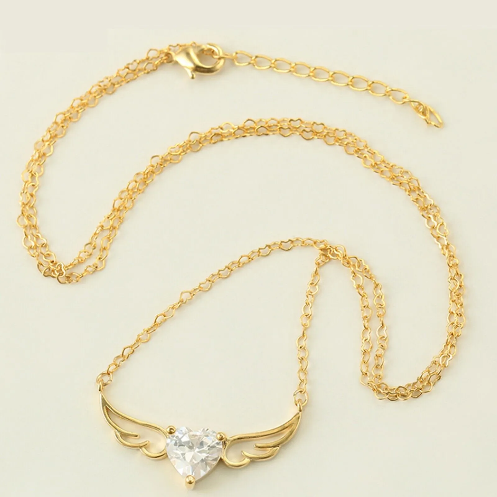 Necklaces - 14K Gold Plated. Crystal Heart W Angel Wings- Protection Necklace