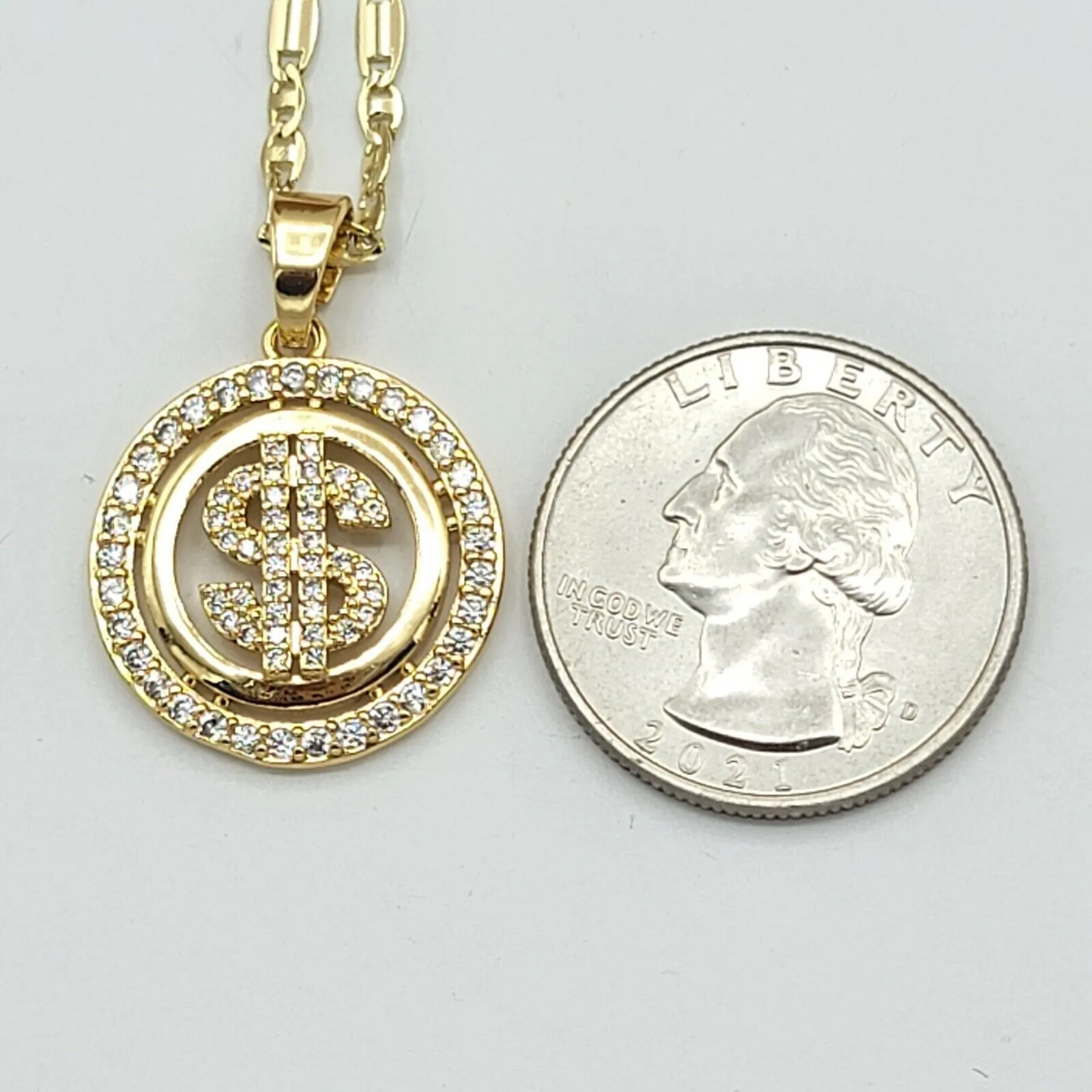 Necklaces - 14K Gold Plated. $ Dollar Sign Mark Money Symbol Pendant & Chain.