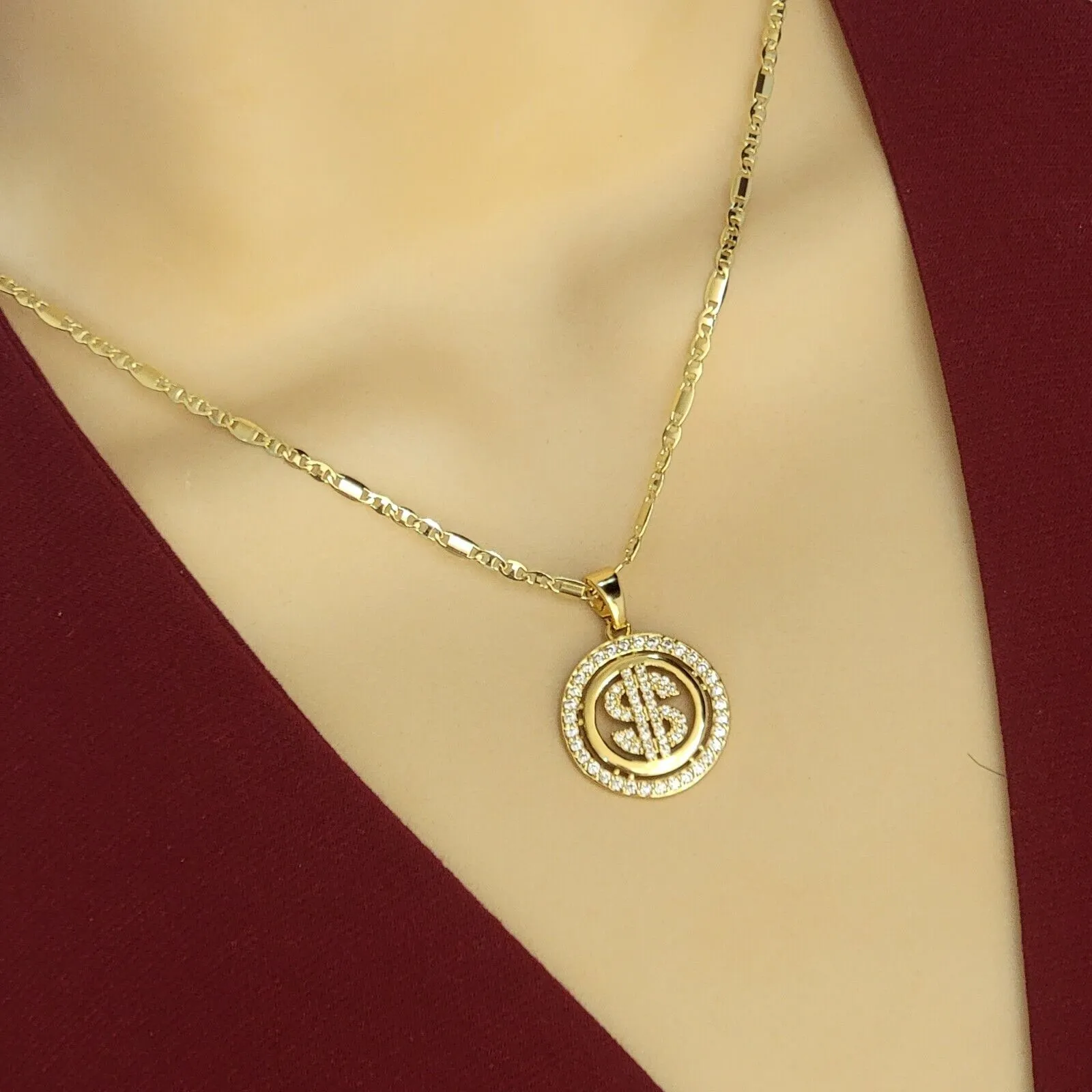 Necklaces - 14K Gold Plated. $ Dollar Sign Mark Money Symbol Pendant & Chain.