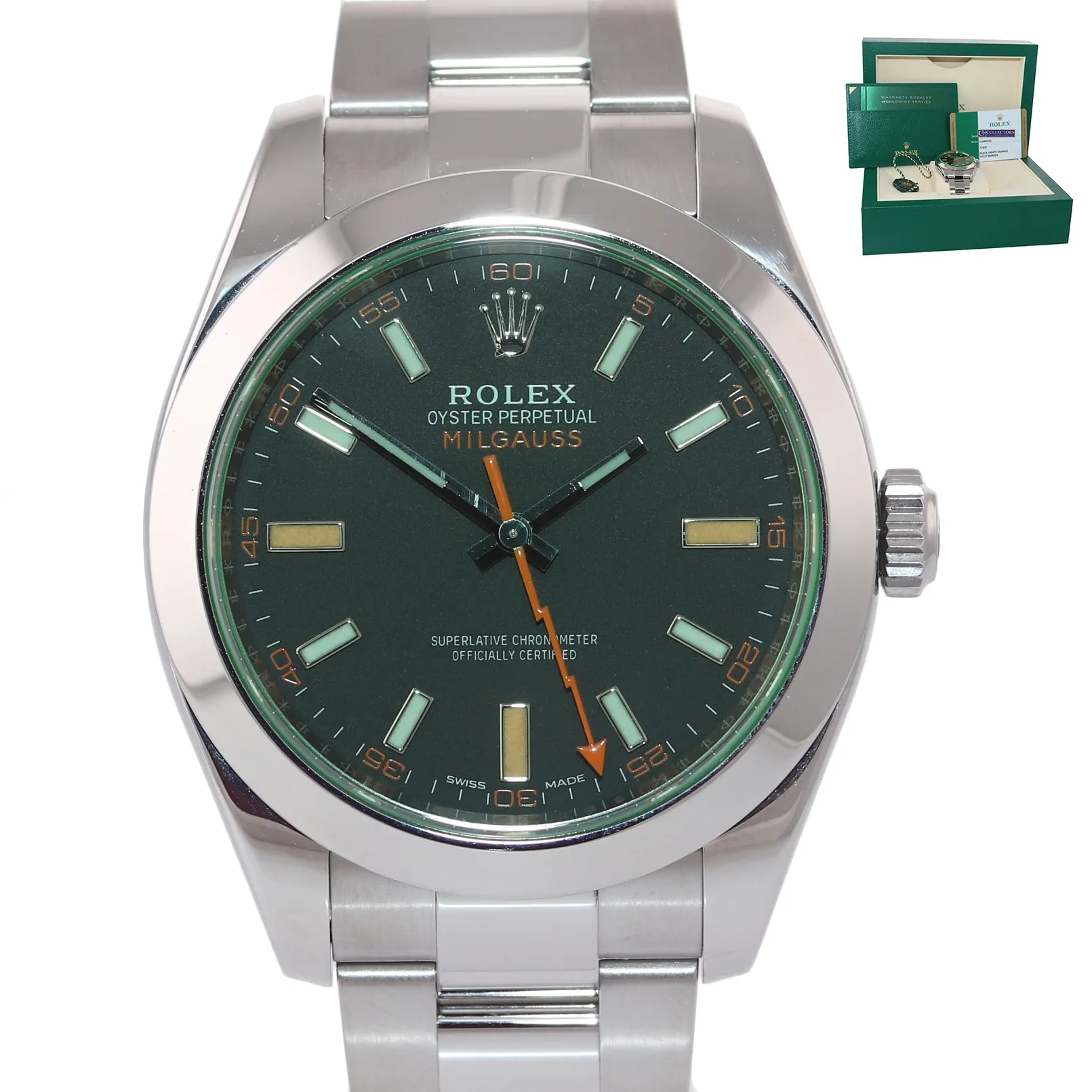 NEW 2019 PAPERS Rolex Milgauss Green Bezel Anniversary 116400gv Steel Black Watc