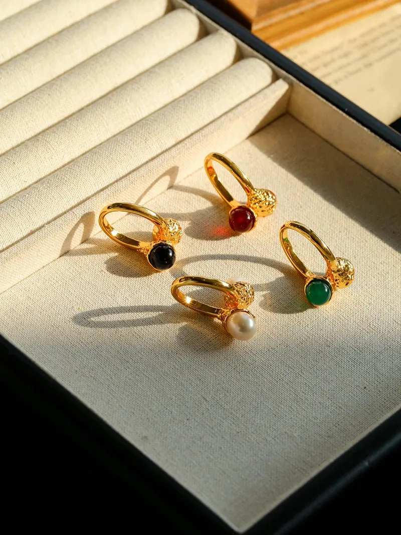 Niche Metal Wind Lava Water Drop Agate Open Ring- Pearl Style