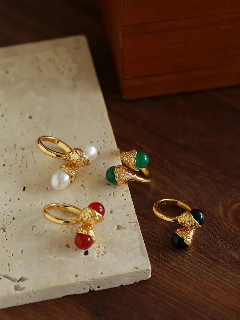 Niche Metal Wind Lava Water Drop Agate Open Ring- Pearl Style